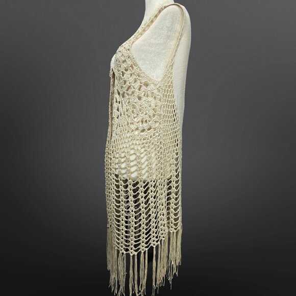 Y2K Long Crochet Duster Cardigan Fringed Vest Size M Boho Festival Fairy - Picture 4 of 11